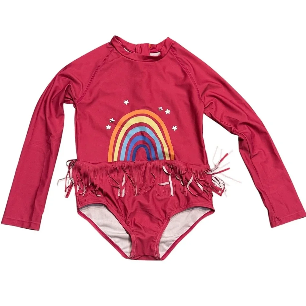 Andy & Evan Girls Pink Rainbow Fringe Long Sleeve Rash Guard Swimsuit UPF 50+ 6X